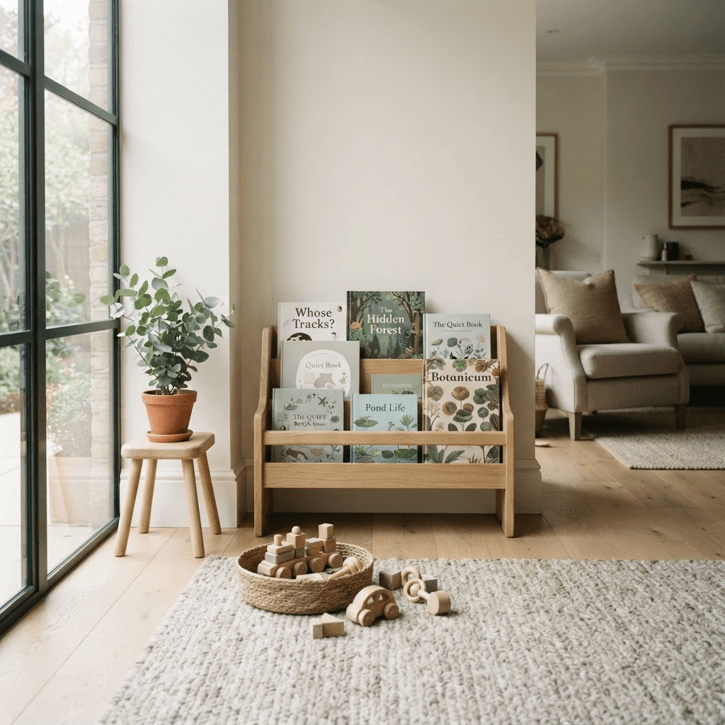 A bright, calm toddler play space with a low bookshelf, picture books, and a basket of wooden toys